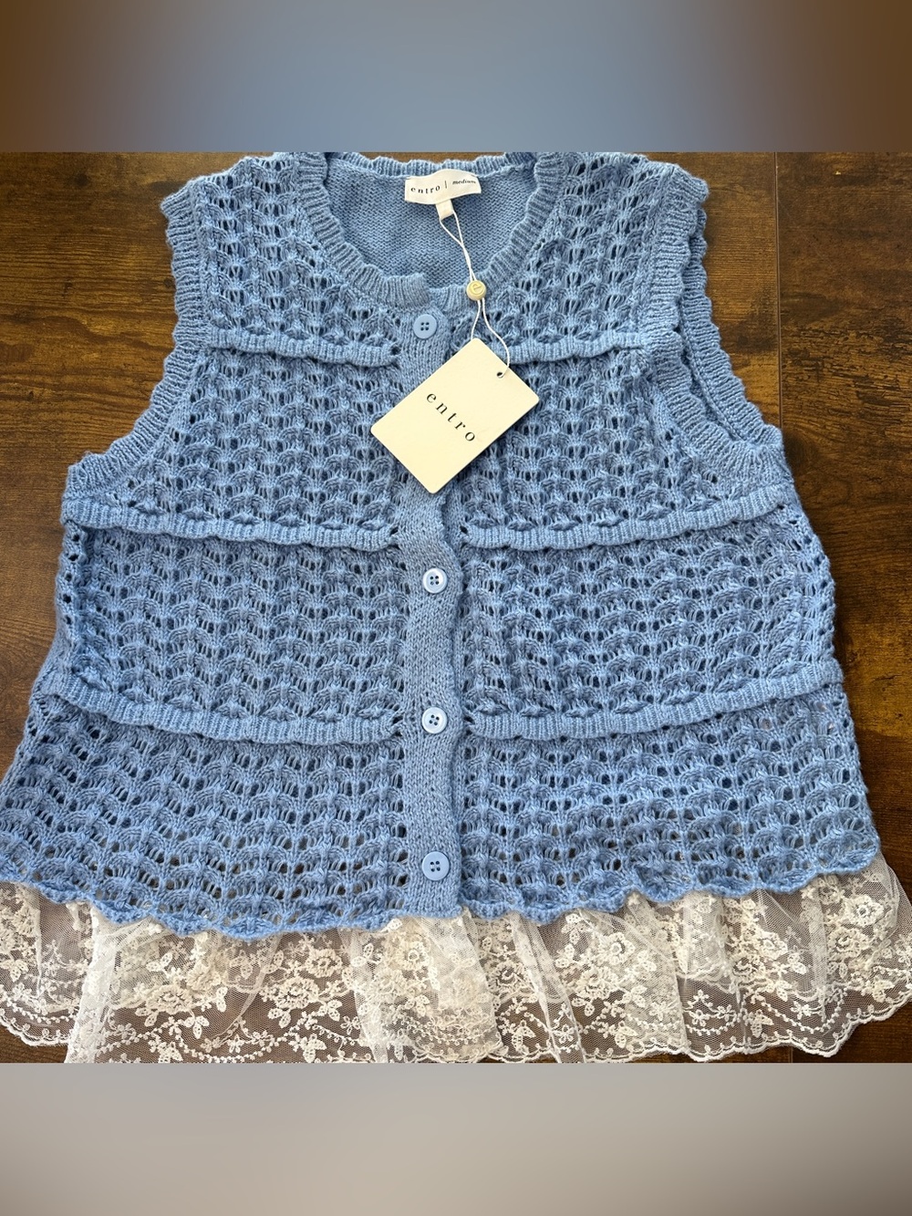 NWT Entro Dusty Blue Open Openwork Knit Lace Hem Sweater Vest Size M